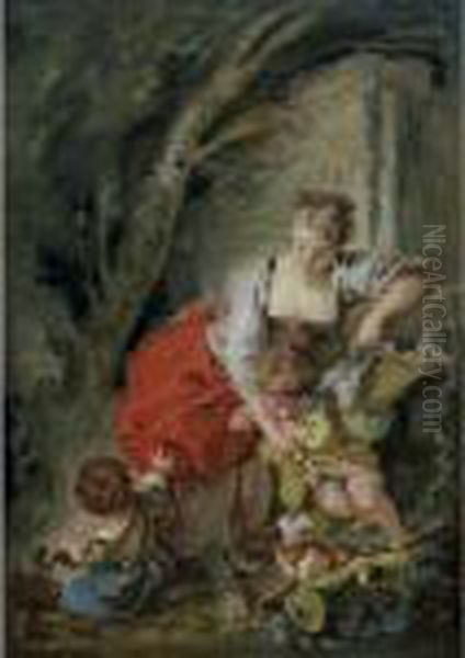 Young Mother With Two Children And A Dog Oil Painting by Francois Boucher