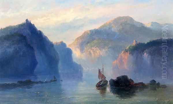 A Mountainous River Landscape With A Sailboat At Dusk Oil Painting by Josephus Gerardus Hans