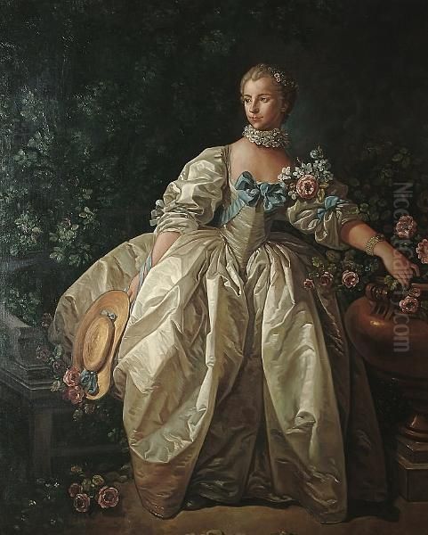 Portrait Of Madame Bergeret, 
Standing In A White Dress With Blue Bows And Holding A Straw Hat Oil Painting by Francois Boucher