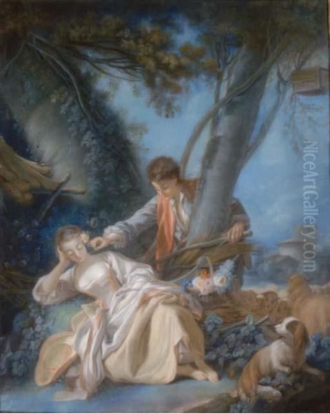 La Bergere Surprise; Also A Companion Drawing Oil Painting by Francois Boucher