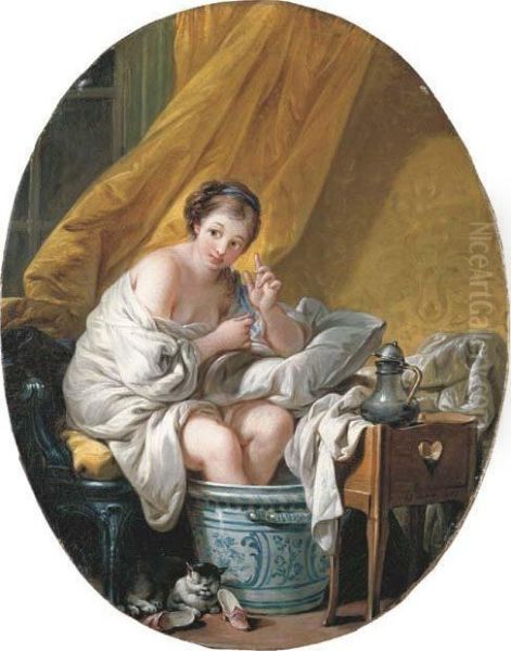 A Young Woman Taking A Footbath Oil Painting by Francois Boucher