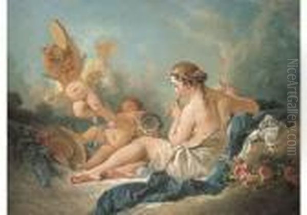 A Reclining Nymph Playing The Flute With Putti, Perhaps The Museeuterpe Oil Painting by Francois Boucher