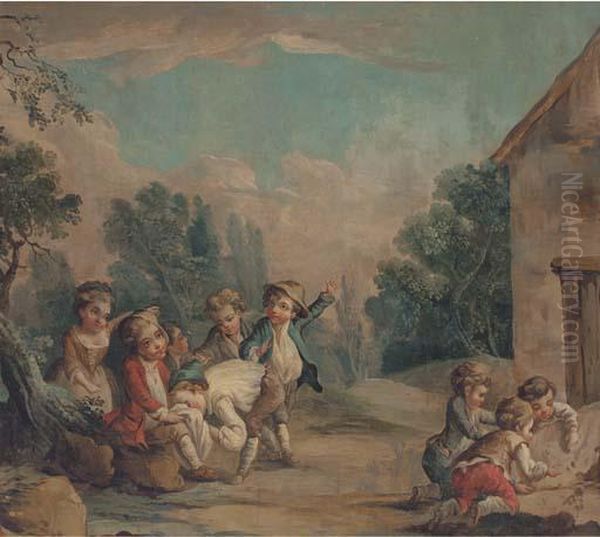 Children Playing In A Landcsape Oil Painting by Francois Boucher