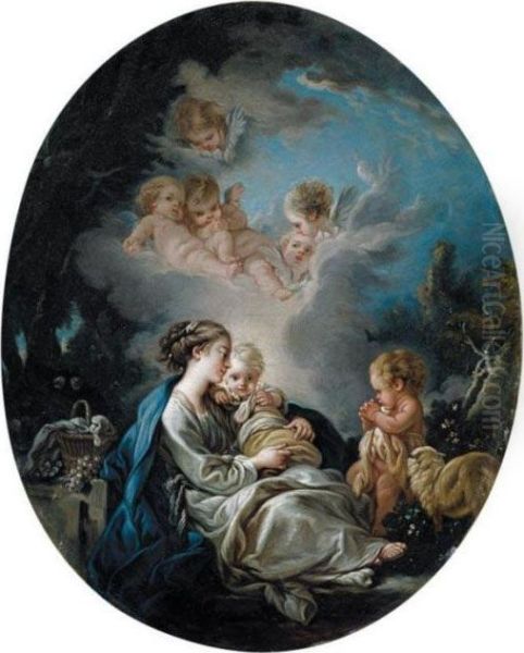 Virgin And Child With St. John The Baptist In A Wooded Landscape Oil Painting by Francois Boucher