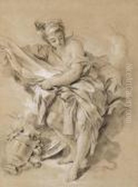 Une Nymphe Tenant Une Draperie, Penchee Vers La Gauche, Une Urne A Terre Oil Painting by Francois Boucher