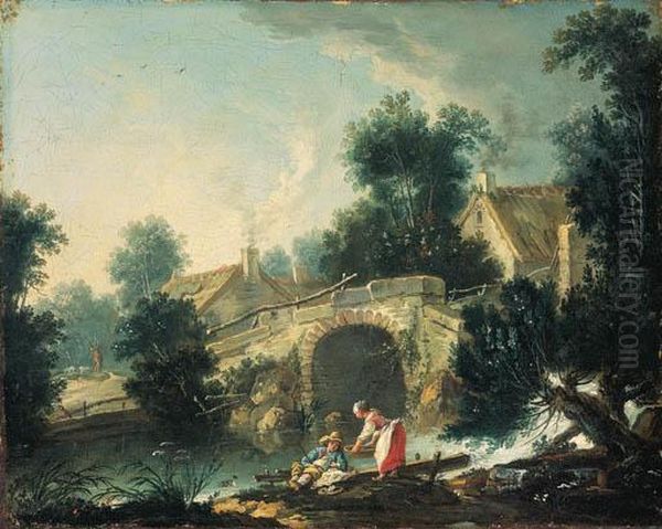 Paysage Avec Une Lavandiere Et Un Jeune Pecheur Devant Un Pont Oil Painting by Francois Boucher