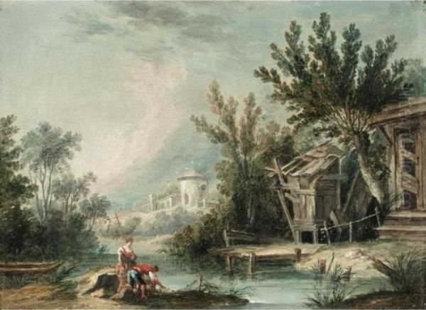 River Landscape With A Mill With Figures Fishing In The Foreground Oil Painting by Francois Boucher