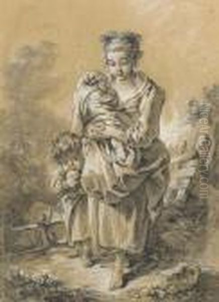 Une Mere Tenant Son Bebe Debout Pres D'un Petit Garcon Oil Painting by Francois Boucher