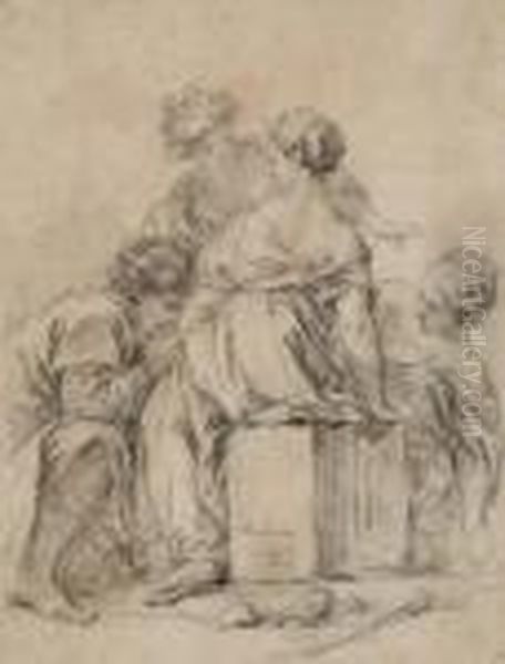 Three Figures Gesturing Around A Seated Woman Seen Frombehind Oil Painting by Francois Boucher