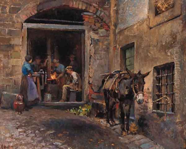 A donkey outside a forge Oil Painting by Alfons Hollaender