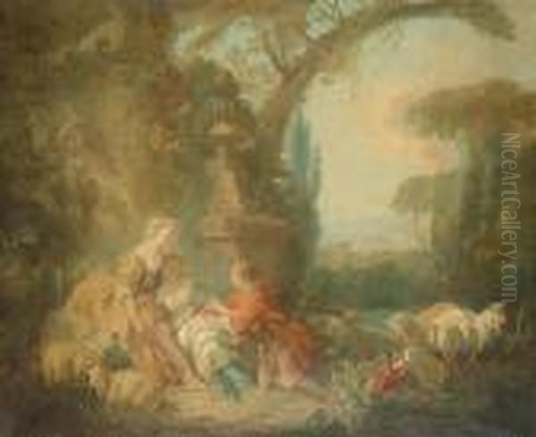 An Elegant Young Man Courting Two Shepherdesses In A Landscape by Francois Boucher