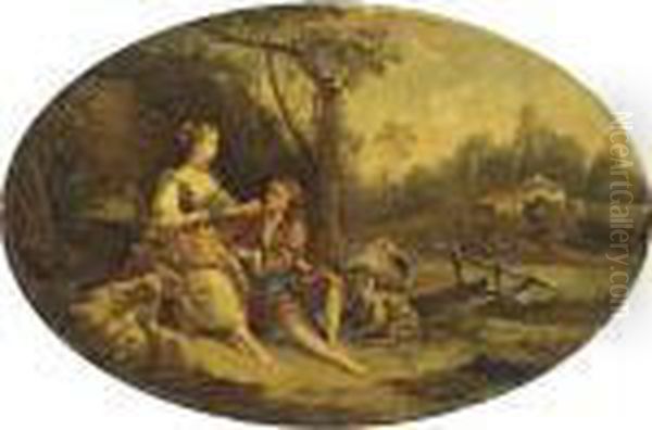 Pastoral Landscape With Figures Resting Beneath A Tree Oil Painting by Francois Boucher