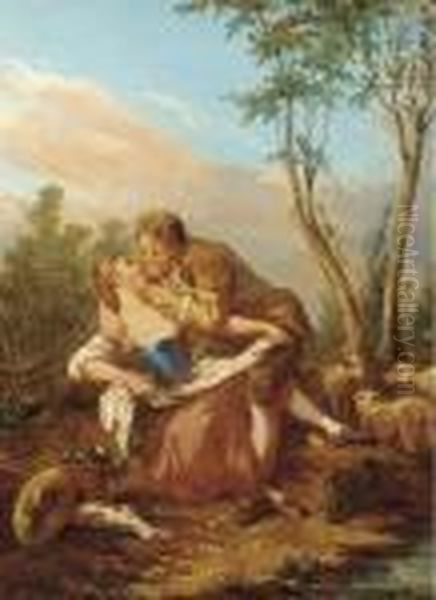 A Shepherd And Shepherdess By A River; And A Shepherd Andshepherdess Sitting With A Dog Oil Painting by Francois Boucher