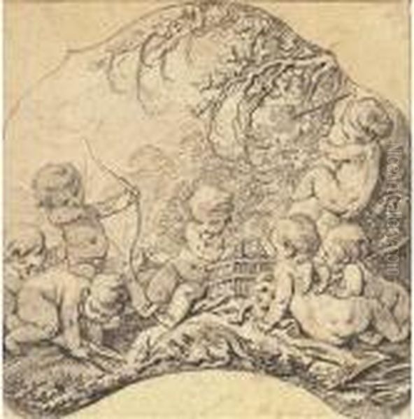 Putti Dans Un Paysage Tirant A 
L'arc Et Ouvrant Une Cage, Un Trophee De Chasse Au Premier Plan Oil Painting by Francois Boucher