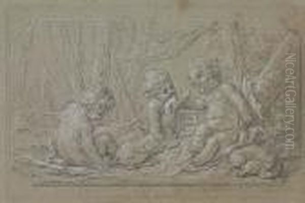 Three Putti And A Dog<</b> Oil Painting by Francois Boucher