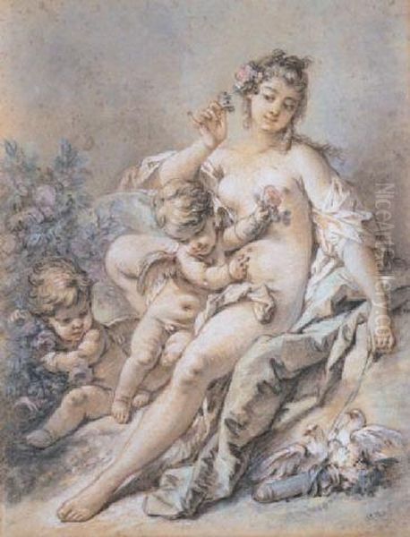 Venus Offered Roses By Two Cupids Oil Painting by Francois Boucher