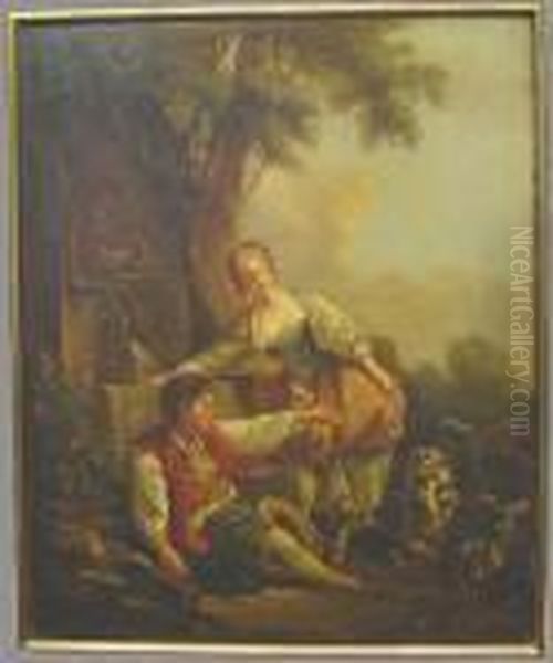 Courting Couple By A Fountain With Pet Dog Oil Painting by Francois Boucher