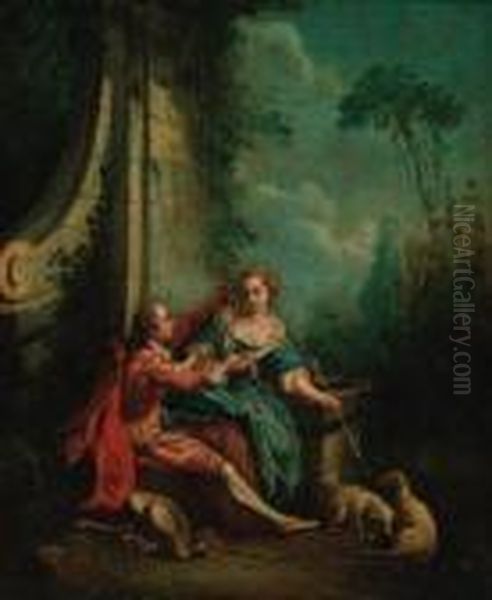 A Shepherd And Shepherdess At A Fountain Oil Painting by Francois Boucher