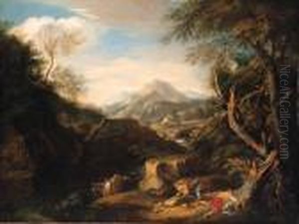 An Extensive Mountainous Landscape With Peasants Resting Oil Painting by Francois Boucher