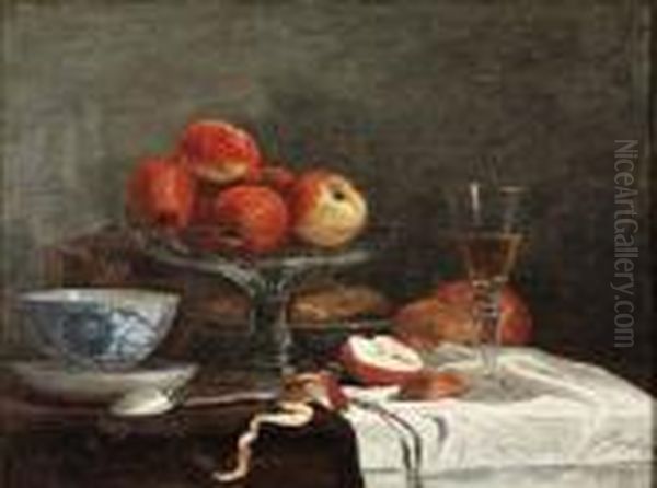 Nature Morte A La Pomme, Tasse, Cuillere Et Verre A Vin Oil Painting by Eugene Boudin