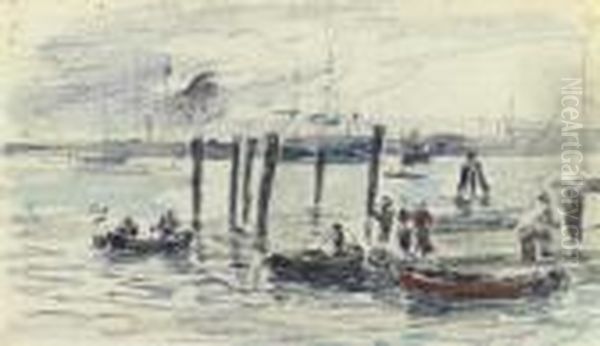 Barques Au Port Oil Painting by Eugene Boudin