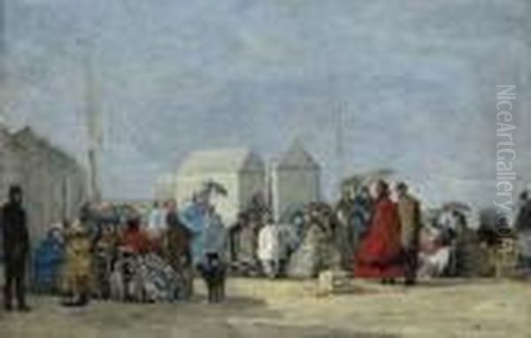 Scene De Plage A Trouville Oil Painting by Eugene Boudin