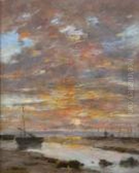 Maree Basse, Coucher De Soleil Sur La Mer Oil Painting by Eugene Boudin