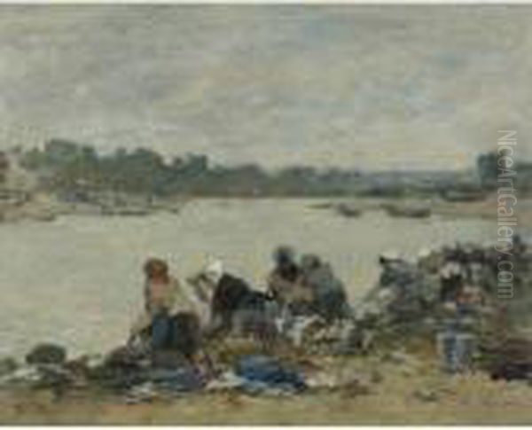 Laveuses Au Bord De La Touques Oil Painting by Eugene Boudin