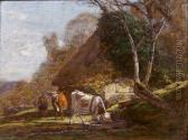 Vaches Et Fermiere Pres D'une Chaumiere Oil Painting by Eugene Boudin