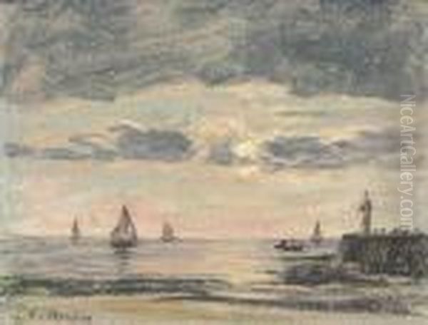 Jetee Et Voiliers A Trouville Oil Painting by Eugene Boudin