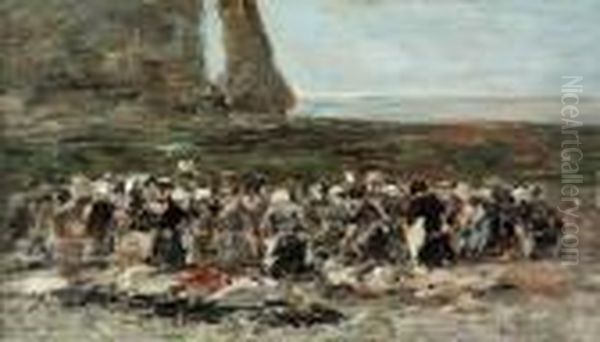 Laveuses Sur La Plage, Maree Basse, Falaise D'aval, Etretat Oil Painting by Eugene Boudin