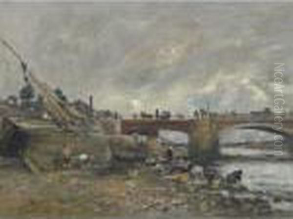 Les Laveuses Sur La Touques Pres Du Vieux Pont Oil Painting by Eugene Boudin