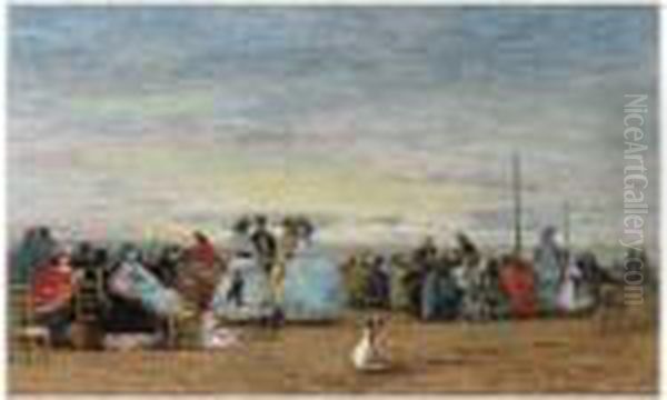 Scene De Plage A Trouville Oil Painting by Eugene Boudin