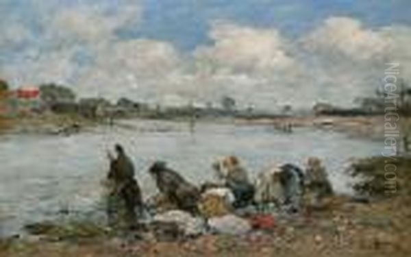 Laveuses Au Bord De La Touques Oil Painting by Eugene Boudin