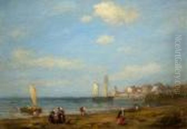 Figures On A Shore Of A Harbour With Moored Vessels Beyond Oil Painting by Eugene Boudin