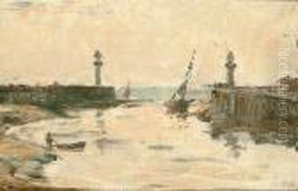 Entrance To A Harbour At Low Tide Oil Painting by Eugene Boudin