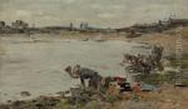 Laveuses Au Bord De La Touques Oil Painting by Eugene Boudin