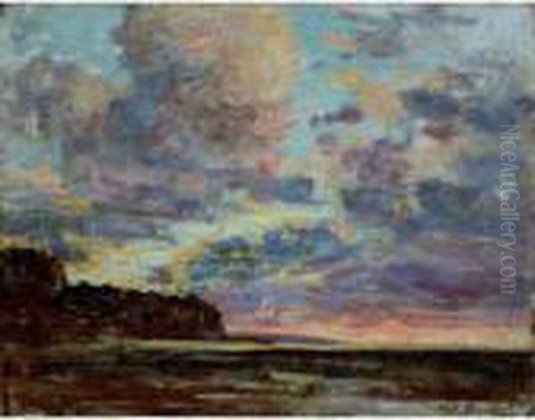 Coucher De Soleil A Etretat Oil Painting by Eugene Boudin