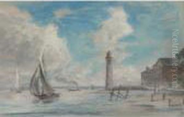 Honfleur. Rivage, Phare Et Voilier Oil Painting by Eugene Boudin