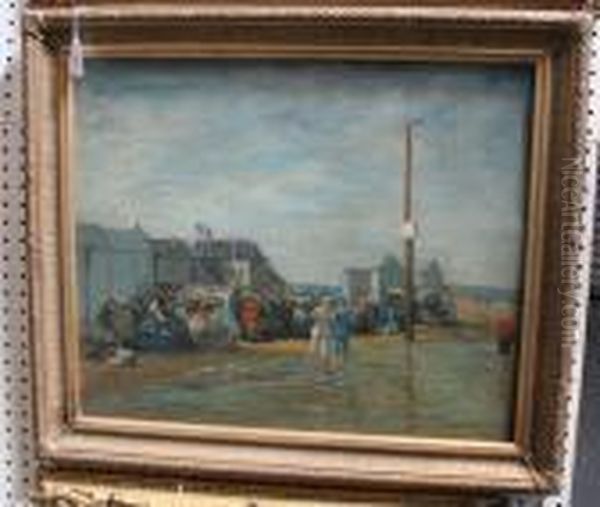 Figures On A French Beach Oil Painting by Eugene Boudin