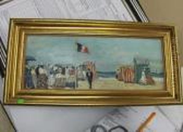 Figures On A Busy Beach Oil Painting by Eugene Boudin