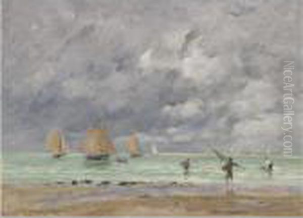 Pecheurs Et Voiliers Devant Trouville Oil Painting by Eugene Boudin