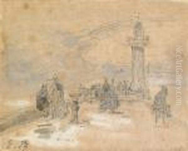 Sur La Jetee Crayon Et Rehauts D'encre Sepia. Oil Painting by Eugene Boudin