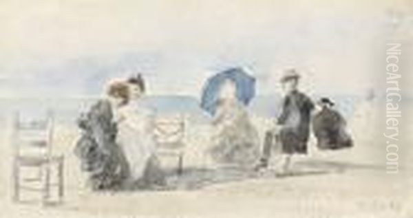 Personnages Sur La Plage A Trouville Oil Painting by Eugene Boudin