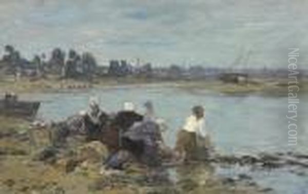 Laveuses Au Bord De La Touques Oil Painting by Eugene Boudin