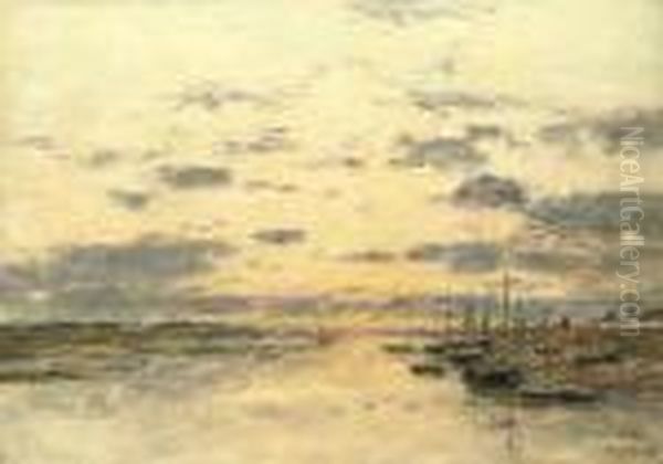 Coucher De Soleil, Etaples Oil Painting by Eugene Boudin