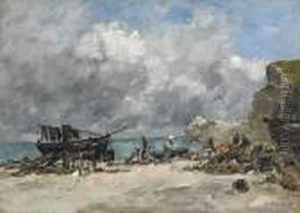 Etretat, Bateaux De Peche Et Pecheurs Sur La Plage Oil Painting by Eugene Boudin