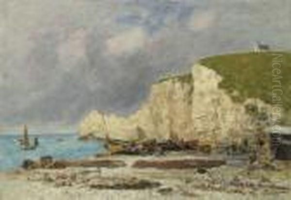 Etretat. Barques Echouees Et Falaise D'amont Oil Painting by Eugene Boudin