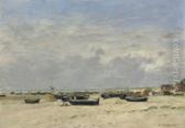 Berck, Barques Echouees Sur La Plage Oil Painting by Eugene Boudin