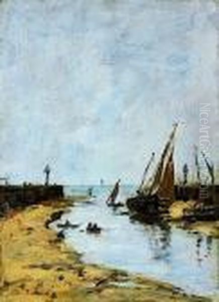 Trouville, Les Jetees, Maree Basse Oil Painting by Eugene Boudin